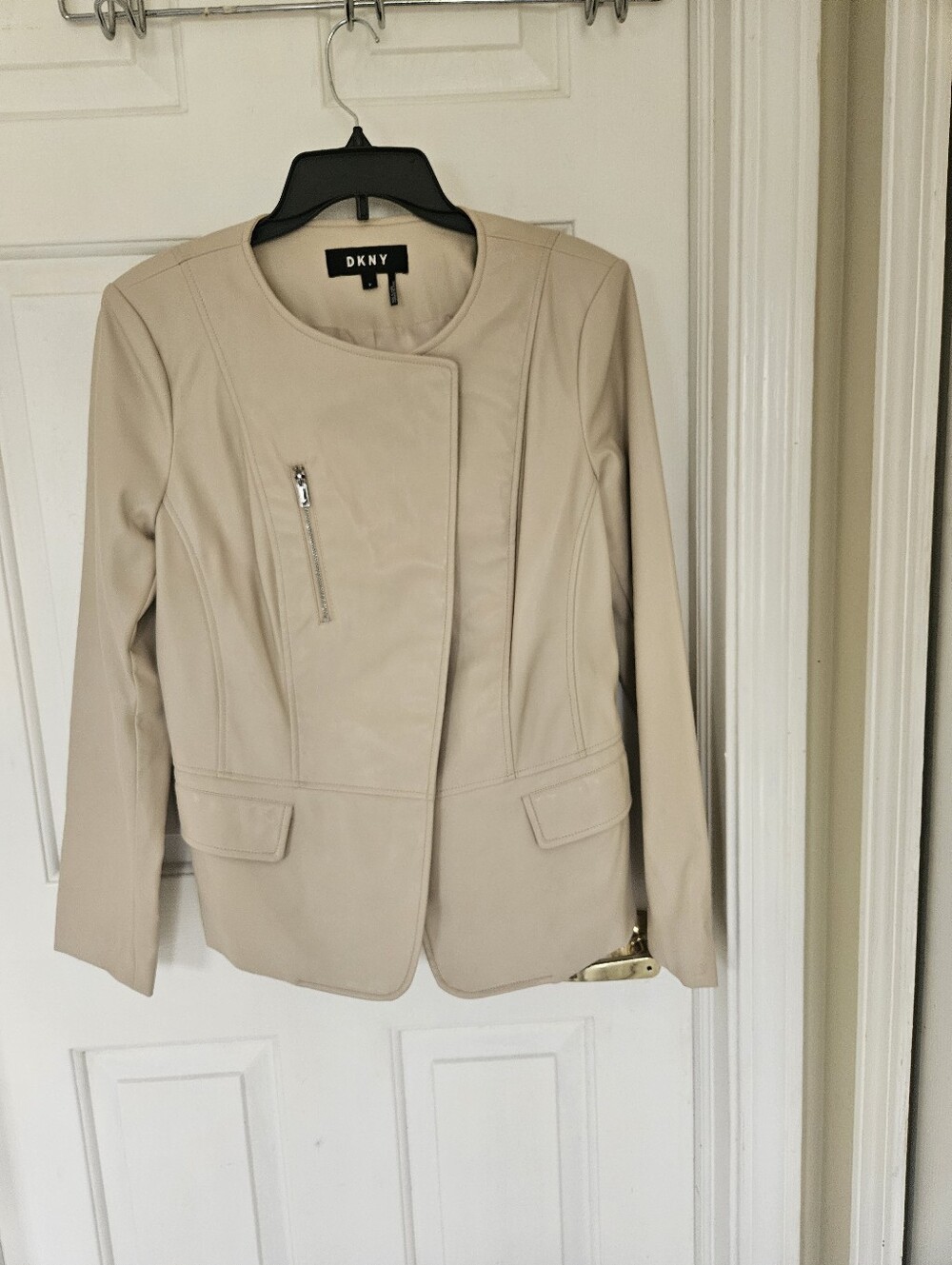 DKNY Women's Beige Cream Moto-Style Leather-like Jacket